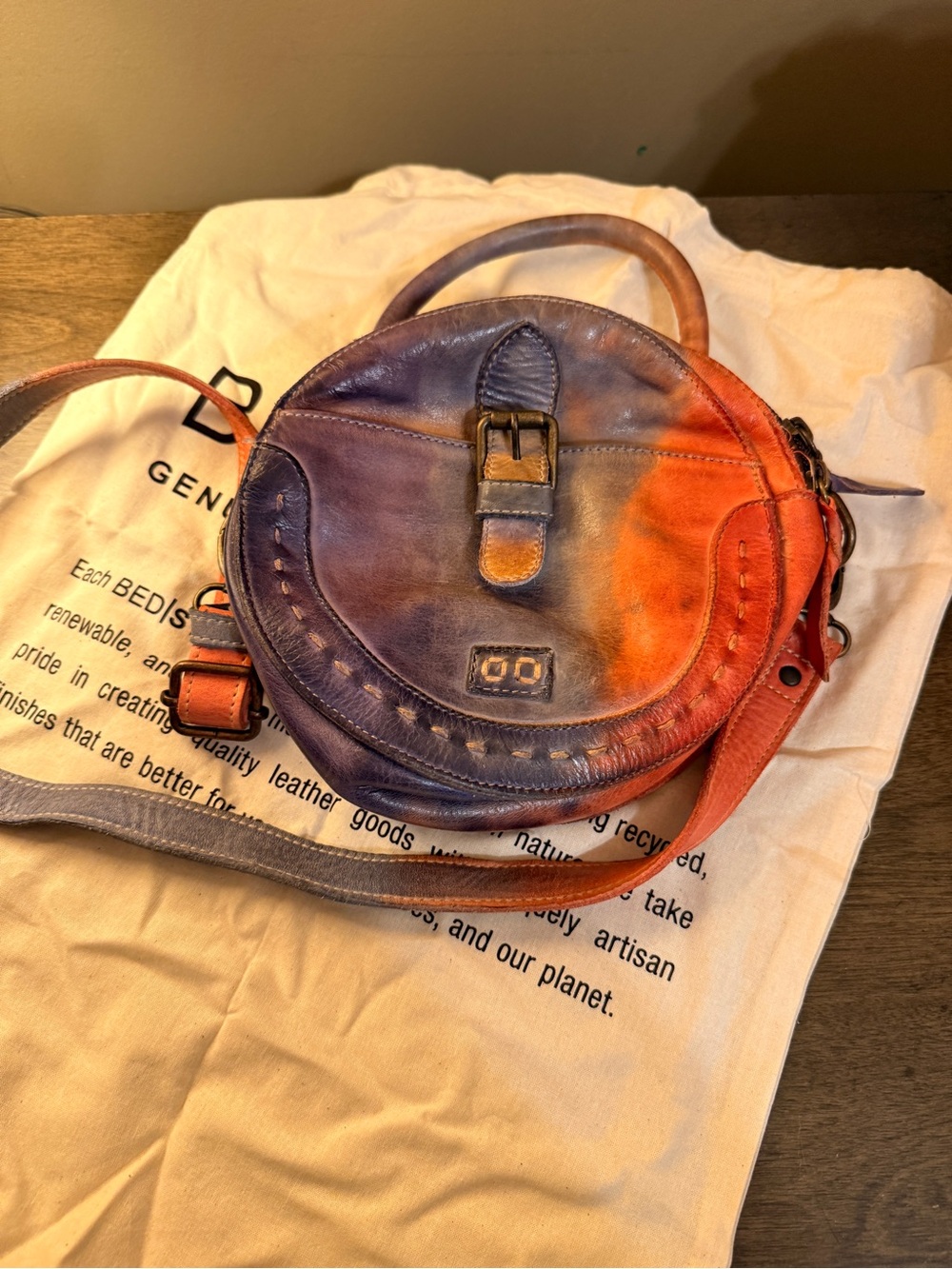 BED|STU Round Leather Crossbody in Purple and Orange Ombre